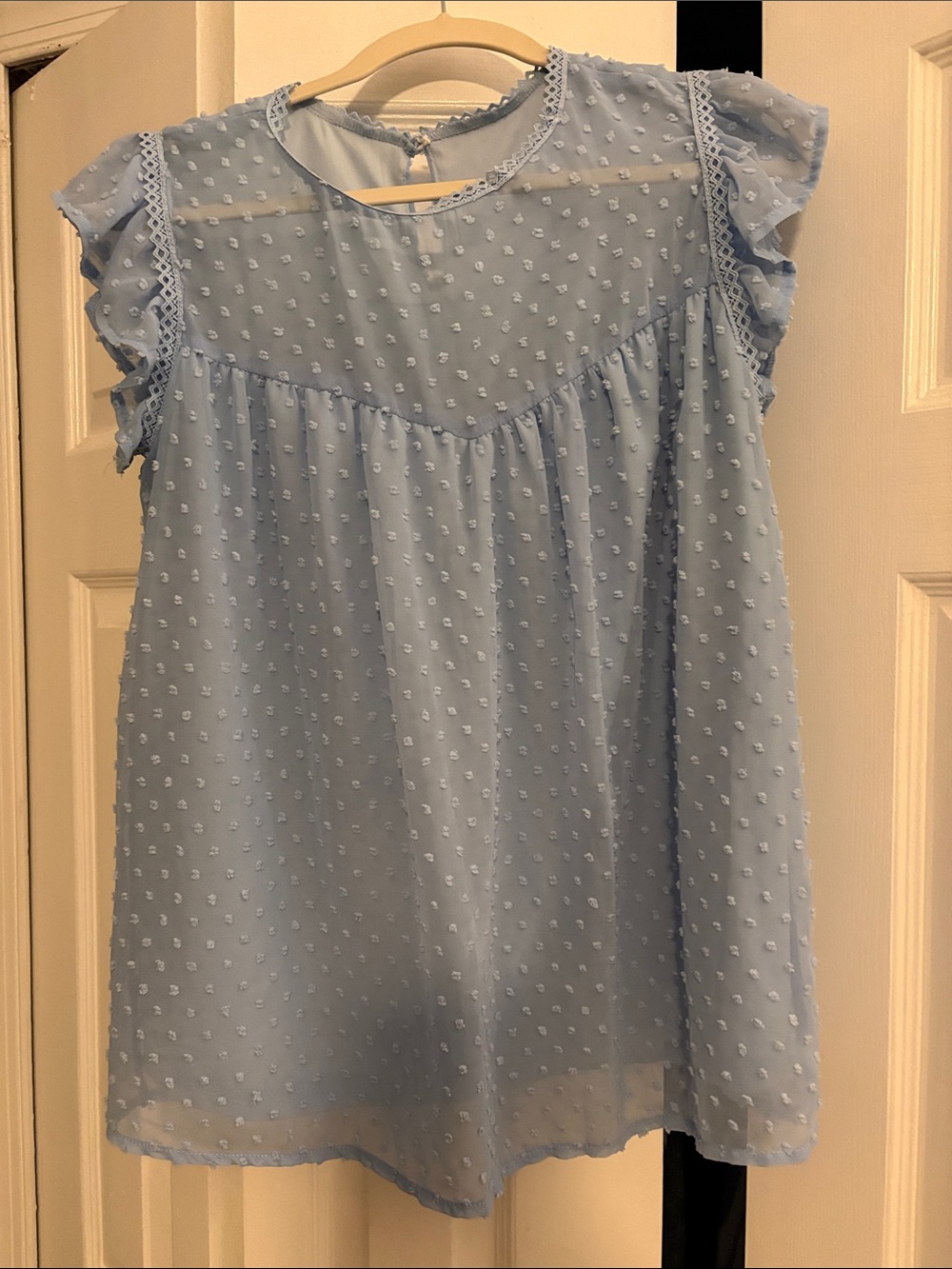 Light Blue Swiss Dot Flutter Sleeve Top